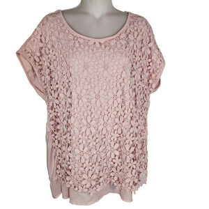 Ruby Rd. Womans Top Size XL Lace Short Cap Sleeve Macrame Floral Layered Pink